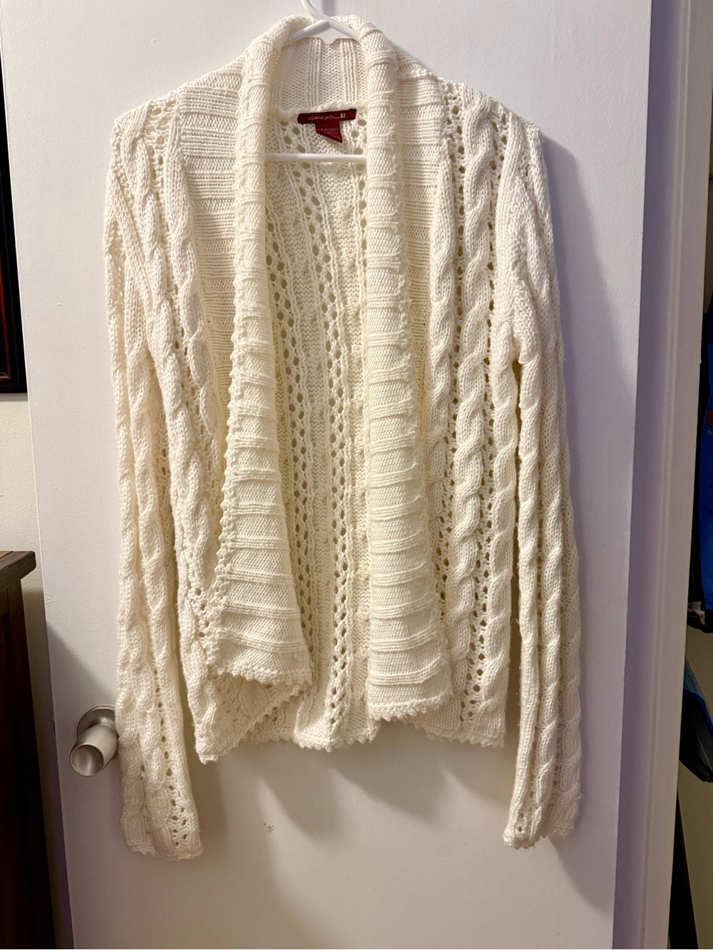 Silver Gate Cream Cable Knit Open Front Cardigan Sweater L Boho
